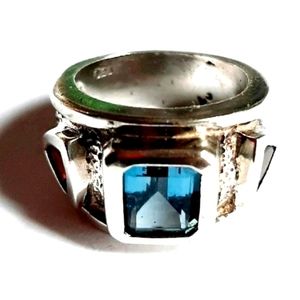 David Sigal C^A Heavy 925 Sterling Silver Blue Topaz & 2 Garnet Stones Ring 7.5